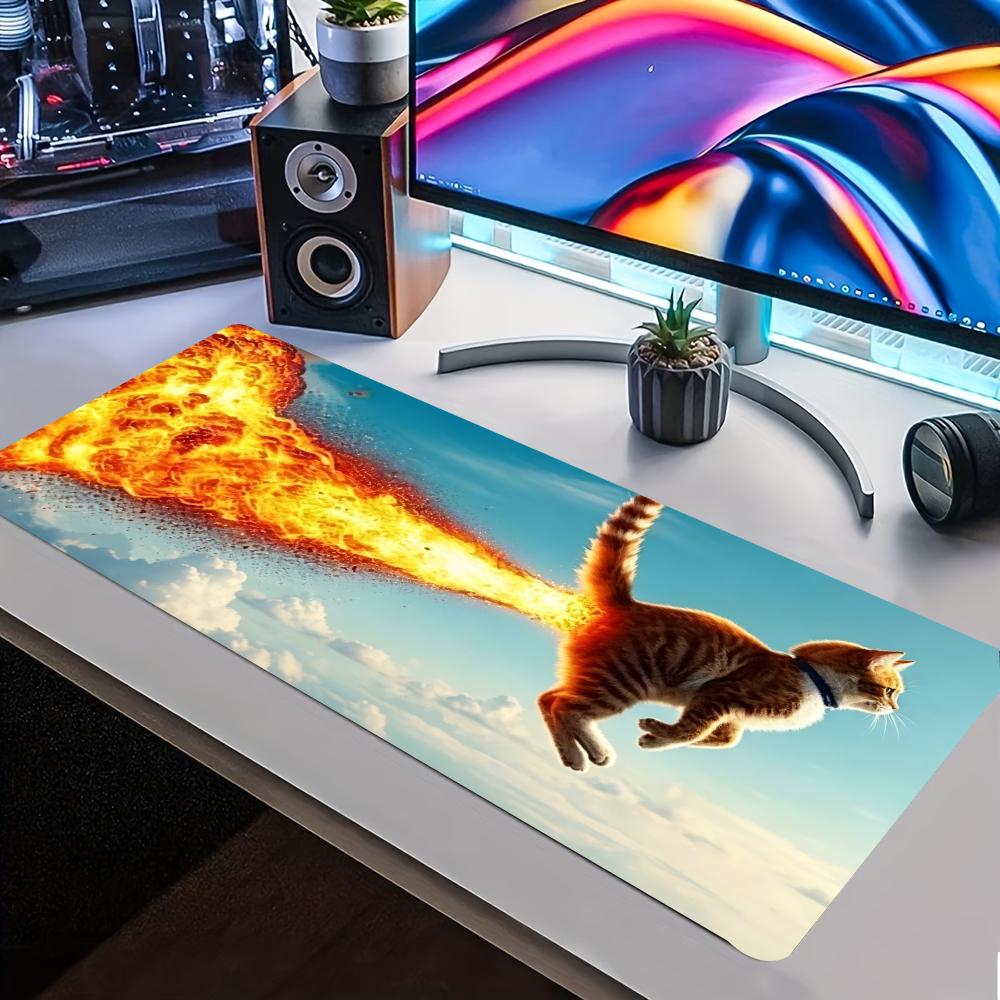 Gaming Accessories For Free Fire - ロケットキャット拡張ゲーミングマウスパッド、滑り止めデスク表面、スカイファイアー子猫アートプリント、ゲーミングおよびオフィスアクセサリー用